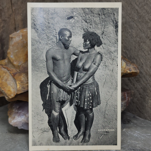 Old Black & White Litho Photo Postcard of Native African Couple Adoration