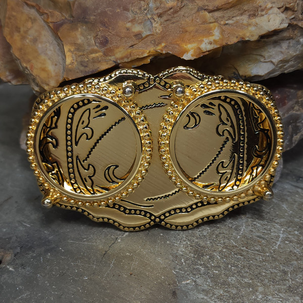 Vintage Unused Gold Tone Western Style Belt Buckle Double Silver Dollar Holders