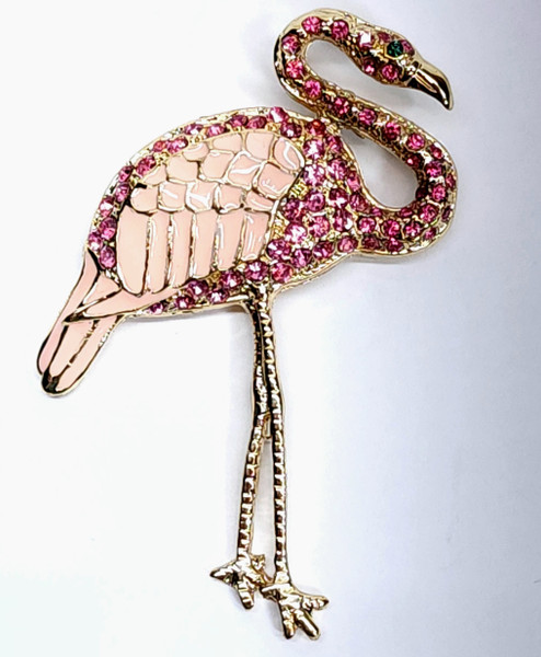 Vintage Gold Tone Enameled w/ Pink Rhinestones Figural Flamingo Brooch Bird Pin