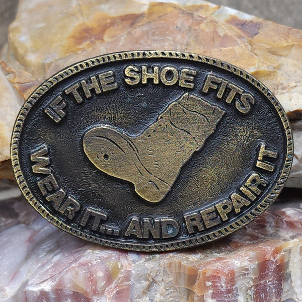 Vintage L.I. Leather Advertising Belt Buckle If the Shoe Fits, Wear It Repair It