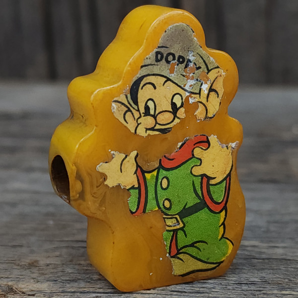 Vintage 1930's Swirled Butterscotch Bakelite Dopey Pencil Sharpener Snow White