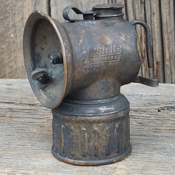 Well Used Justrite Brass Carbide Coal Miner Helmet Light Antique Mining Lamp
