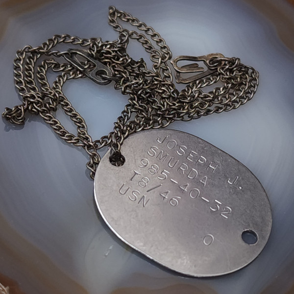 1946 WW2 Era Joseph J. Smurda USN Navy Dogtags Single Dog Tag ID Naval w/ Chain