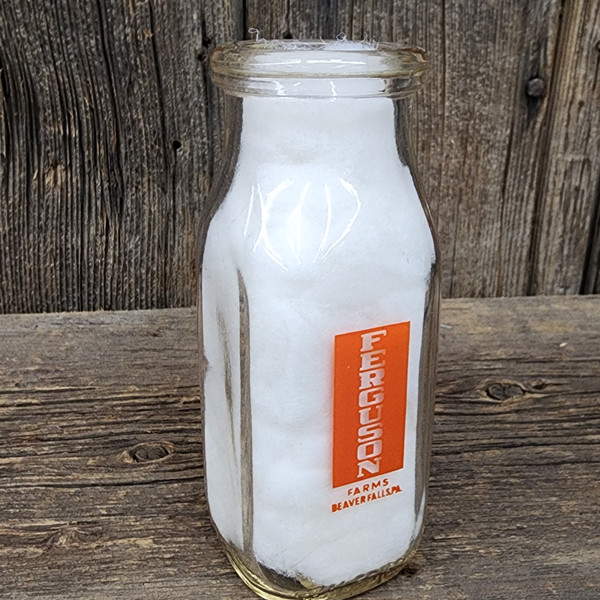 Vintage Ferguson Farms Half Pint Pyro Glass Milk Bottle ACL Beaver Falls, PA