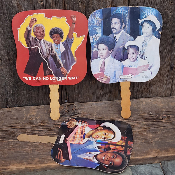 Lot 3 Vintage Funeral Home Advertising Paper Fans Nelson Mandela Black Americana