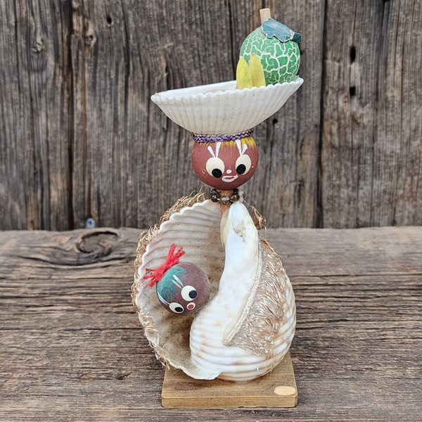 Vintage Hand-Painted Seashell Woman Figure w/ Baby Island Tropical Souvenir