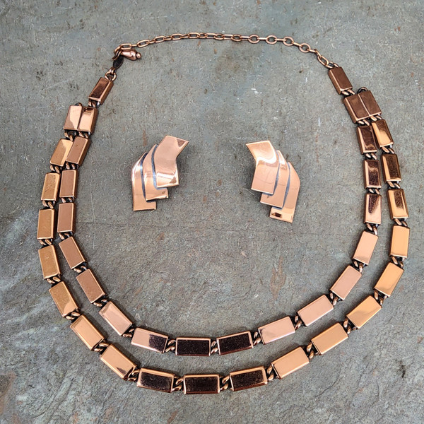 Mid-Century Vintage Renoir Copper Square Link Necklace & Clip-On Earrings Set