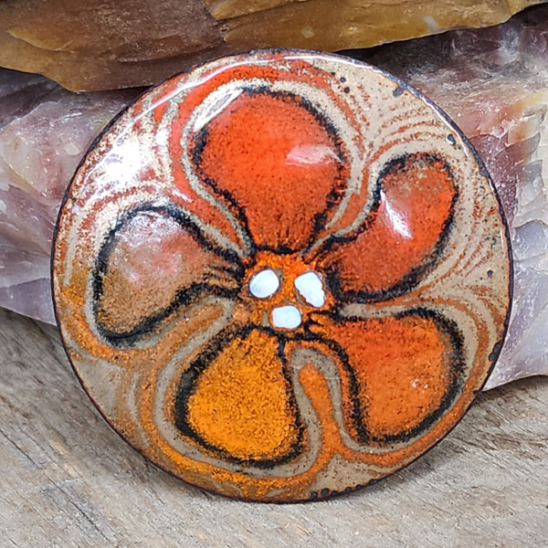 Vintage Retro 1970's Enameled Copper Flower Boho Brooch Enamel Pin Signed BRS