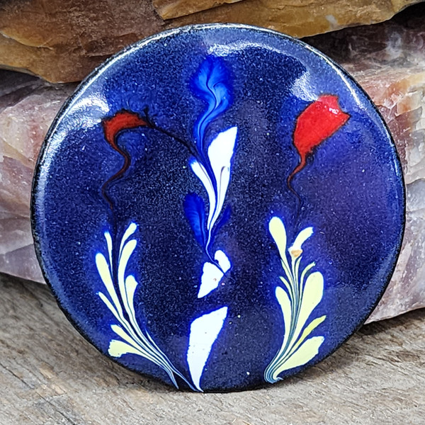 Vintage Red White & Cobalt Blue Abstract Enamel on Copper Estate Brooch Pin