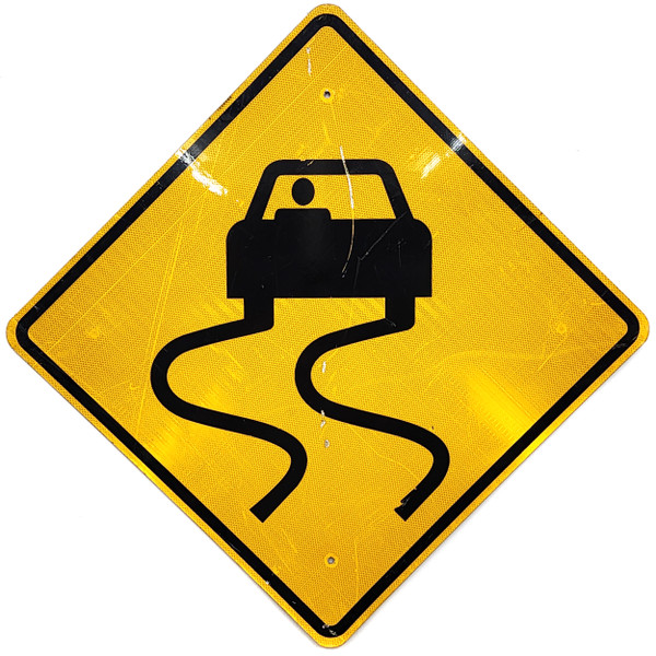 Real Obsolete Retired Slippery When Wet Road Sign Icy Street Sign 30" Vintage