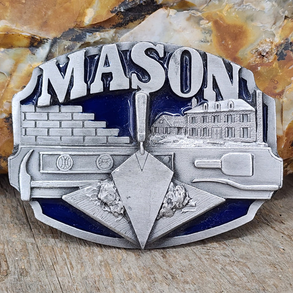 1988 Vintage Mason Tool Themed Belt Buckle Embossed Mason's Tools Siskiyou