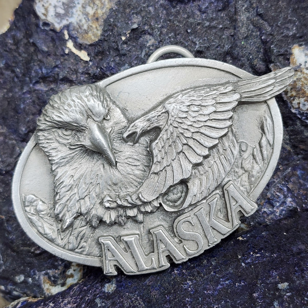 Vintage Pewter Tone Alaska Belt Buckle by Siskiyou Eagles & Mountains in Relief