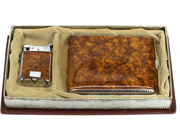 Vintage Evans Trig-A-Lite Estate Wood Grain Cigarette Lighter Case Combo w Box