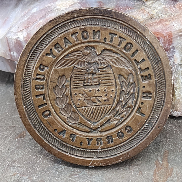 Vintage Brass Notary Public Stamp Seal Plate L.H. Elliott of Corry, PA