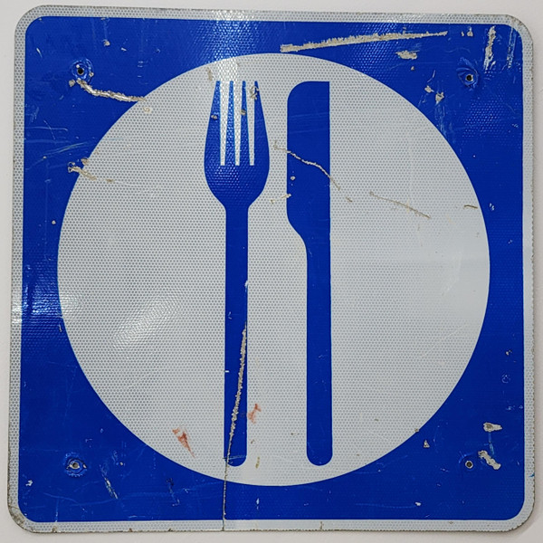 Vintage Knife & Fork Restaurant Eat Ahead Interstate Highway Exit Road Sign