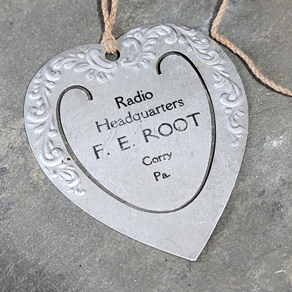 Antique F.E. Root Radio Headquarters Aluminum Heart Shaped Bookmark Corry, PA