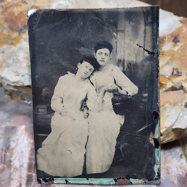 Antique Tintype Photograph of Two Affectionate Women Holding Hands & Cuddling
