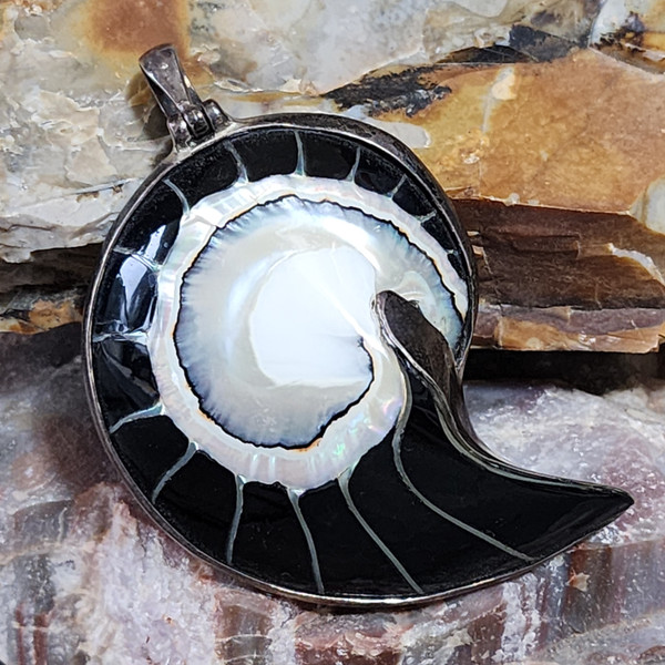 Vintage Sterling Silver and Nautilus Shell Natural Spiral Necklace Pendant