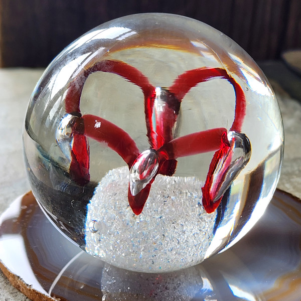 Vintage Signed Adam Jablonski Art Glass Paperweight Controlled Bubble Red Ribbon