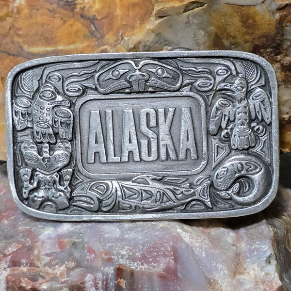 1985 Vintage Alaska Totemic Design Native American Indian Totem Belt Buckle