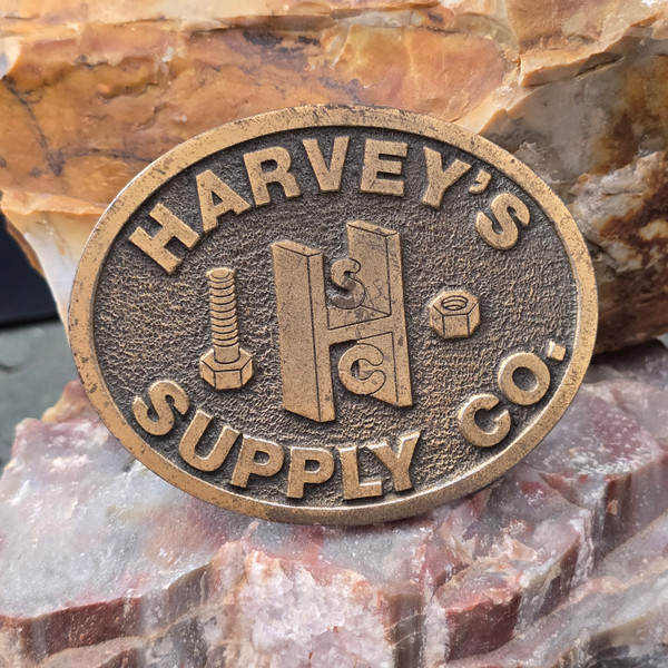 1987 Harvey Supply Company Brass Tone Tool Equipment Advertising Belt Buckle