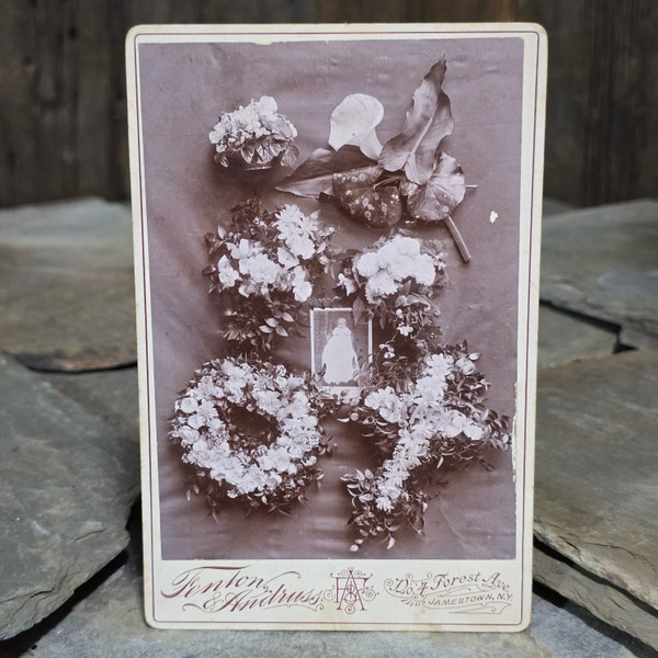 Antique Memorial Cabinet Card Photograph Infant Baby Funeral Flowers Photo