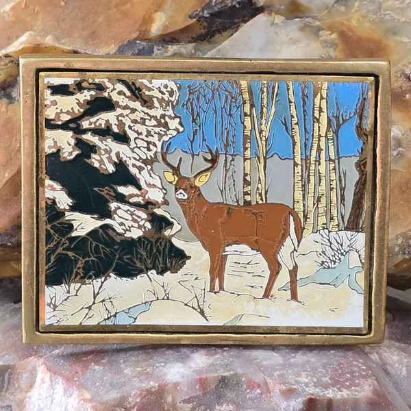 1983 Vintage NAP Inc Solid Brass Enameled Whitetail Buck Deer Winter Belt Buckle