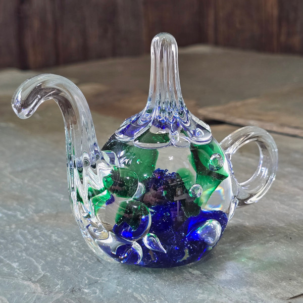 1999 Vintage Signed Joe Rice Teapot Shaped Art Glass Paperweight Ring Holder