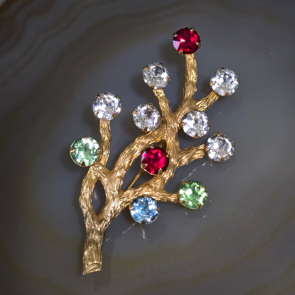 Vintage Gold Filled Van Dell Tree of Life Brooch w/ Uranium Glass Crystals Pin