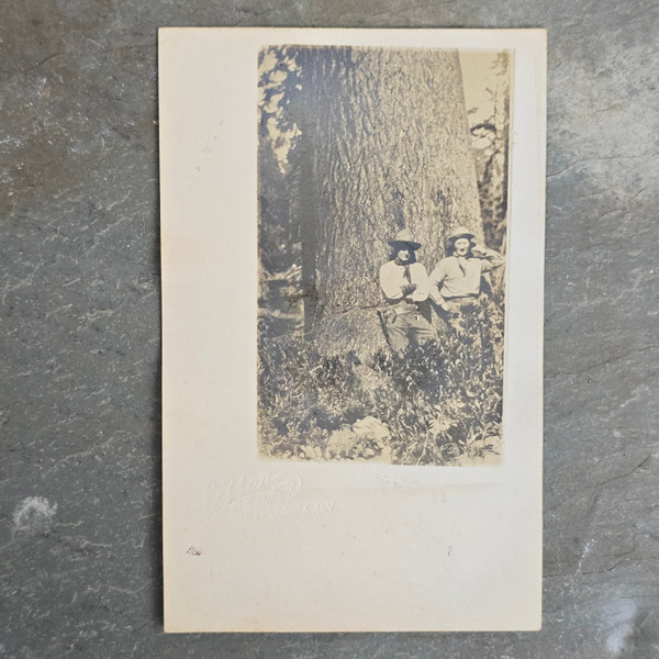 1910 Antique RPPC 2 Men Leaning on Huge Tree Pistol Holster Real Photo Postcard