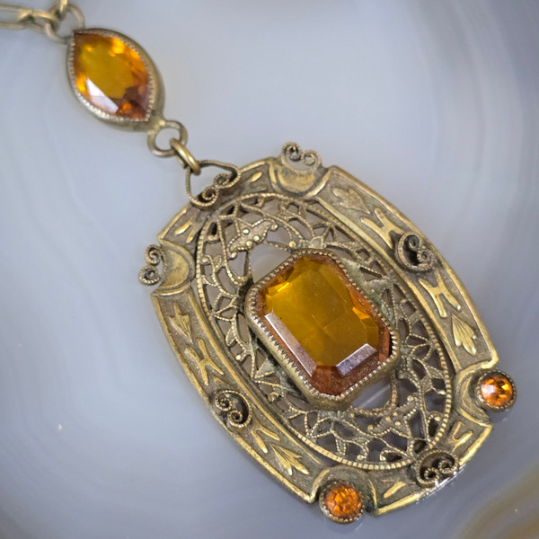 Antique Art Nouveau Necklace Amber Crystals on Pendant Boho Estate Chain