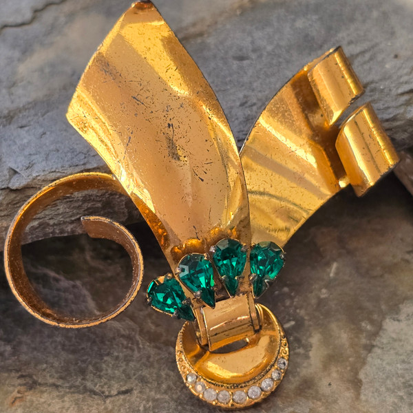 Antique Sterling Silver Vermeil Art Deco Ribbon Bow Brooch Uranium Glass Stones