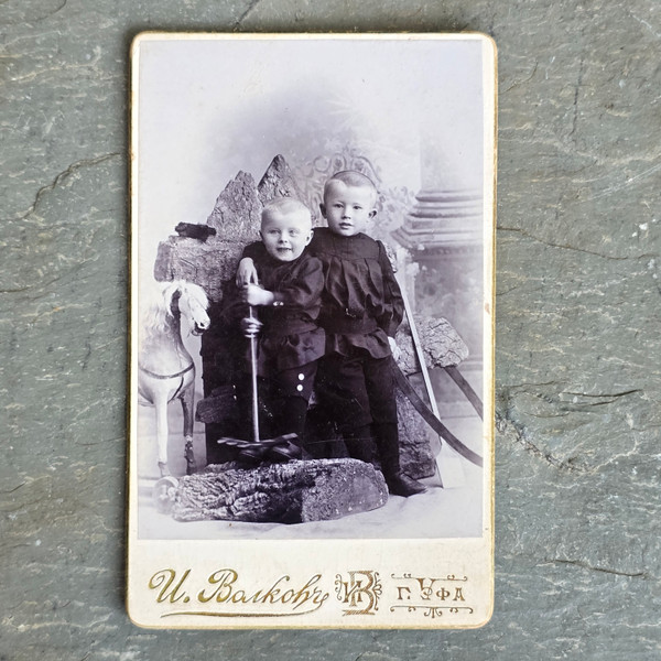 Odd Antique Greek CDV Photo Young Boys Rocking Horse Odd Props Toys Photograph