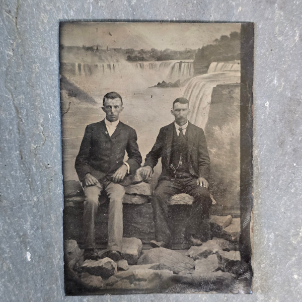 Antique Tintype Photograph Men on Rocks Niagara Falls Waterfall Backdrop Photo
