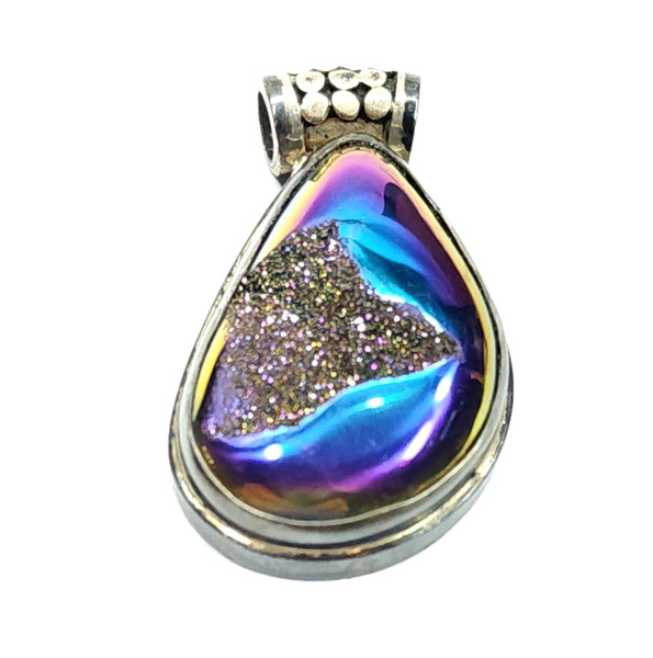 Vintage Sterling Silver Necklace Pendant Polished & Rough Hematite Rainbow Stone