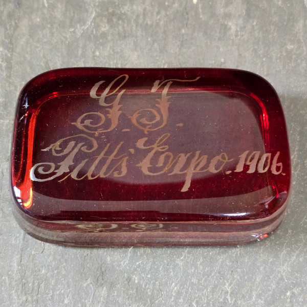 1906 Antique Pittsburgh Exposition Ruby Flash Glass Paperweight Souvenir