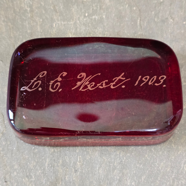 1903 Antique Personalized L.E. West Ruby Red Flash Glass Paperweight