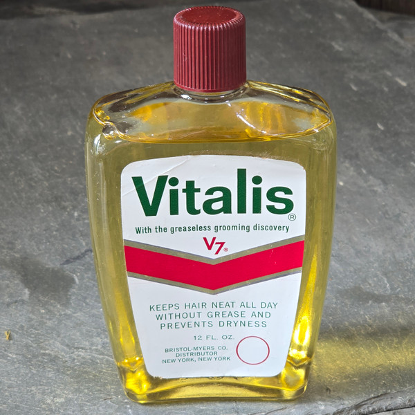 1960's Vintage Vitalis with V7 NOS 12 oz Greaseless Hair Tonic Full Glass Bottle