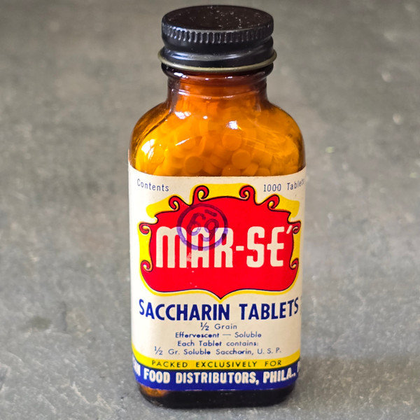 Vintage Full Mar-Se' Saccharin Tablets NOS Glass Sweetener Pill Tablet Bottle