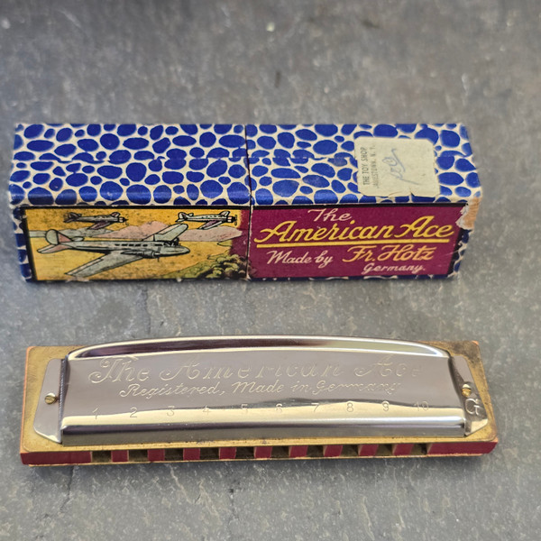 Vintage NOS Fr. Hotz American Ace Harmonica Original Box Nice Airplane Graphics
