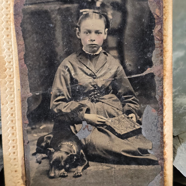 Antique 1/9 Plate Tintype Photo Young Girl on Floor Holding Book w/ Sleeping Dog