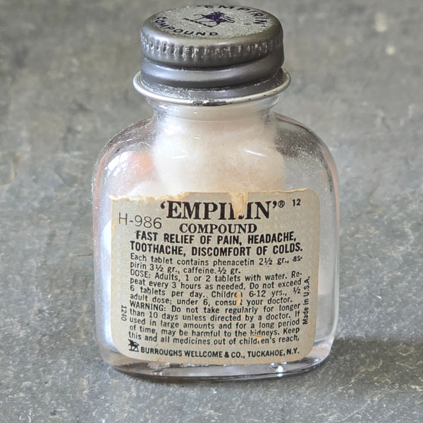 Vintage Small Empirin Compound Glass Pill Bottle Painkiller Tablets Medicine