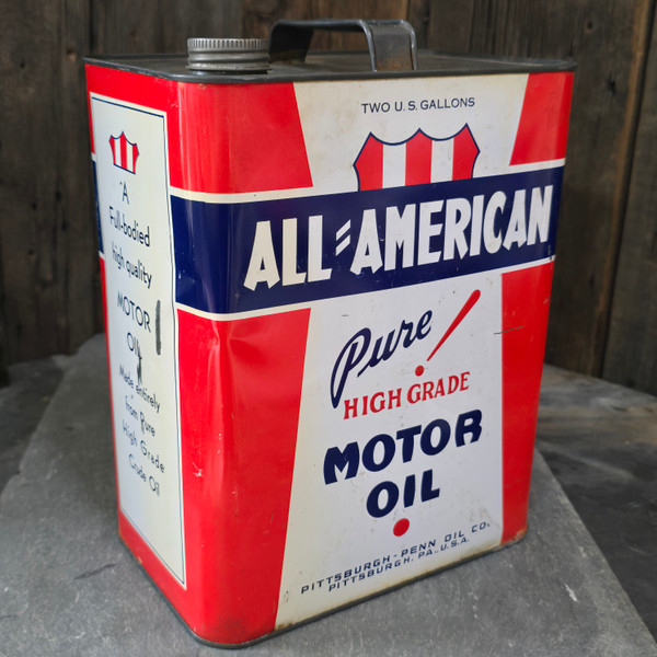 All-American Pure High Grade Motor Oil Can 2 Gallon Tin Pittsburgh-Penn Oil Co. All-American Pure High Grade Motor Oil Can 2 Gallon Tin Pittsburgh-Penn Oil Co.