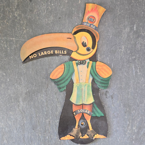 1952 Gulf Solar Heat Mechanical Die Cut Toucan Bird Gulf Oil Advertising Card