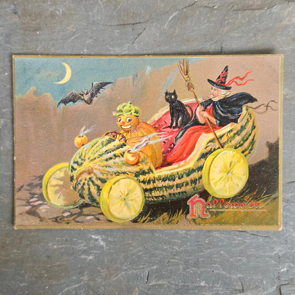 1908 Antique Raphael Tuck Halloween Series 150 Postcard Witch in Watermelon Car 1908 Antique Raphael Tuck Halloween Series 150 Postcard Witch in Watermelon Car
