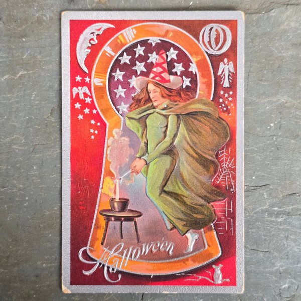 1913 Antique Embossed Witch Green Cape Mixing Potion Keyhole Halloween Postcard 1913 Antique Embossed Witch Green Cape Mixing Potion Keyhole Halloween Postcard