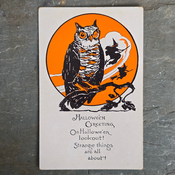 Antique On Halloween Lookout Postcard with Winking Owl & Witch on Broom Moon Antique On Halloween Lookout Postcard with Winking Owl & Witch on Broom Moon