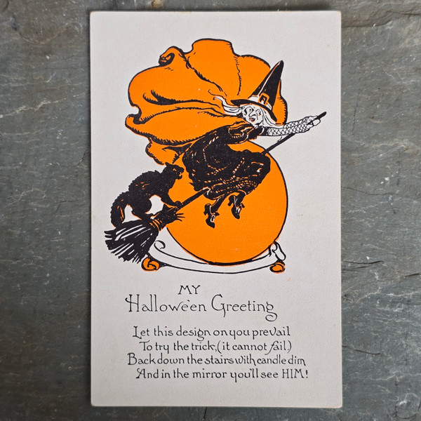 Antique Halloween Postcard Orange & Black Witch on Broom w/ Cat in Front of Moon Antique Halloween Postcard Orange & Black Witch on Broom w/ Cat in Front of Moon