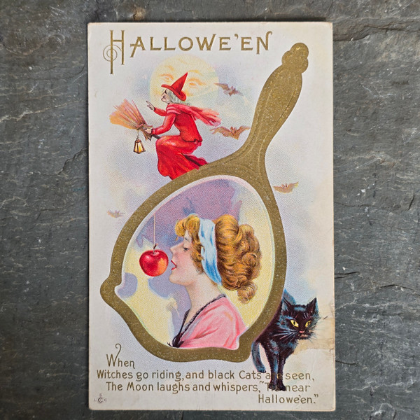 1913 Antique LSC Co Mirror Series Halloween Postcard Girl Biting Apple Witch Cat