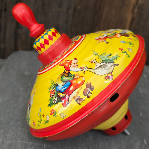 Vintage West Germany MNN Tin Litho Toy Spinning Top Garden Gnome Elf Graphics Vintage West Germany MNN Tin Litho Toy Spinning Top Garden Gnome Elf Graphics